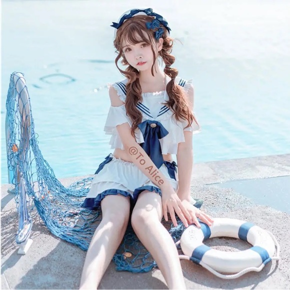 Lolita swim set: collar swim top + swim skirt - Picture 1 of 6